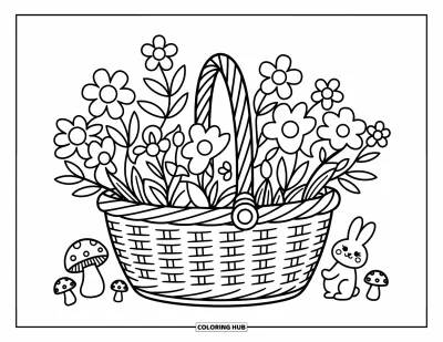 Spring Flowers Coloring Page for Adults: Spring flowers fill an open picnic basket surrounded by tiny bunnies and mushrooms