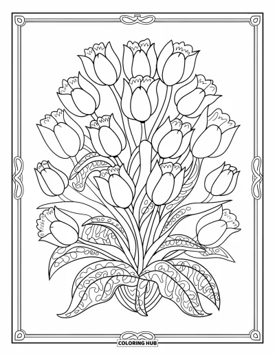 Spring Flowers Coloring Page for Adults: Tulips with layered stems bloom in a vase framed by a border