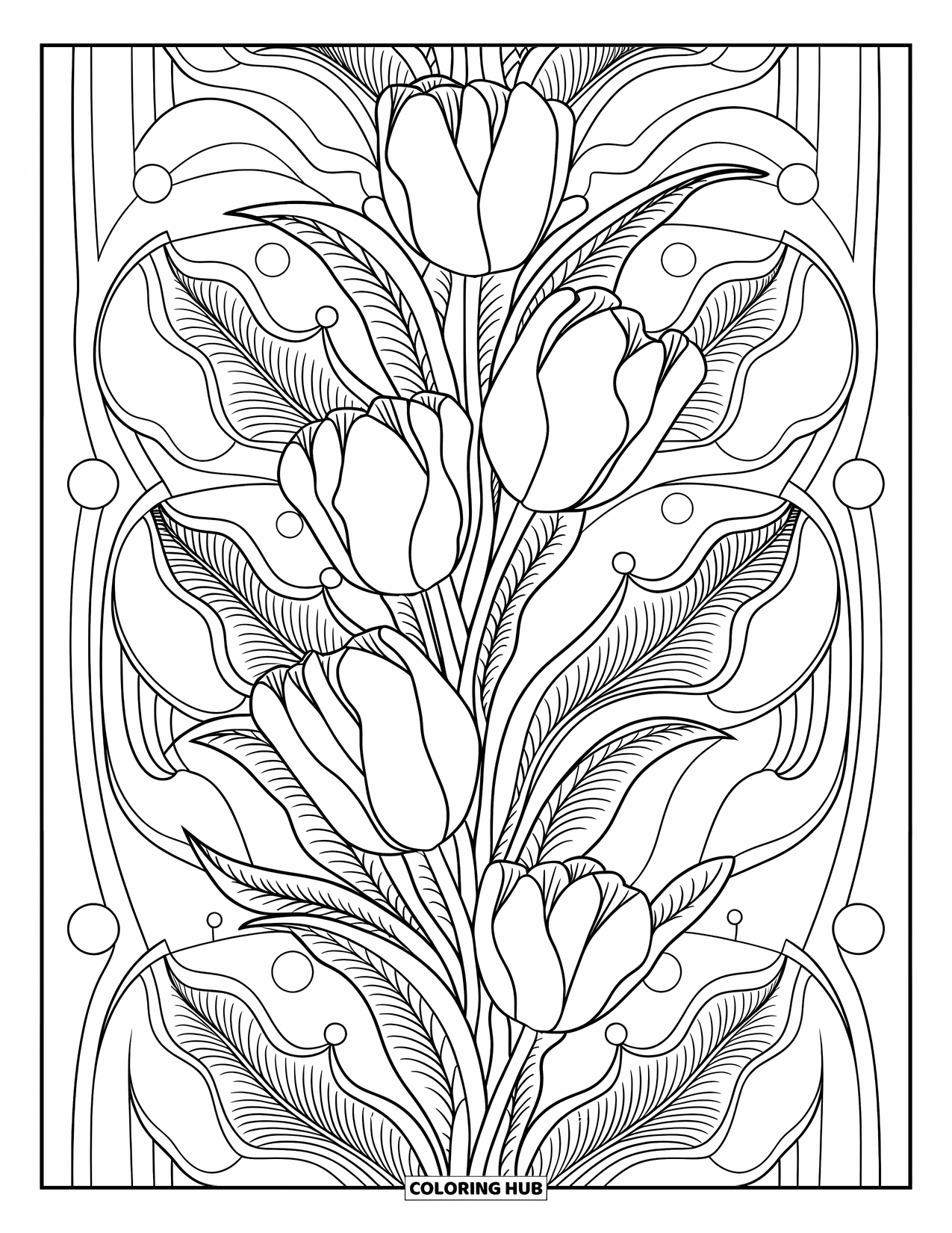 Spring Flowers Coloring Page for Adults: Tulips with wavy leaves fill a vase on a softly textured surface