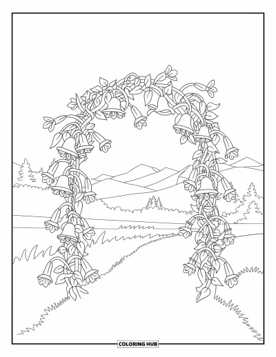 Spring Flowers Coloring Page for Adults: Twisting vines and bellflowers arch above a clear, peaceful path