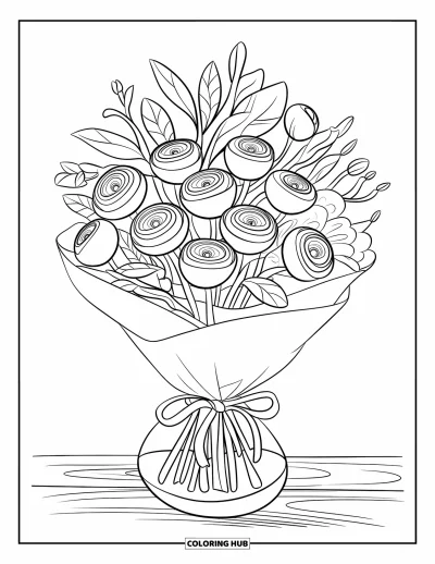 Spring Flowers Coloring Page for Kids: A bouquet of ranunculus sits wrapped in soft paper and tied with a ribbon