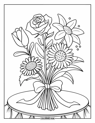 Spring Flowers Coloring Page for Kids: A bouquet with five cheerful blooms and a bow rests on a table