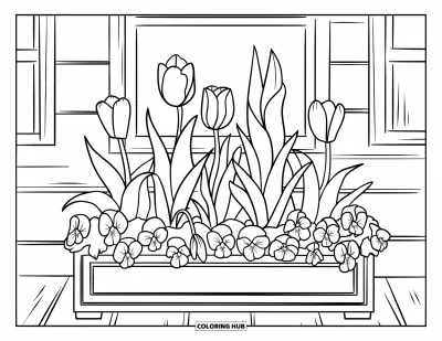 Spring Flowers Coloring Page for Kids: A box planter holds tulips, pansies, and lilies on a wooden base