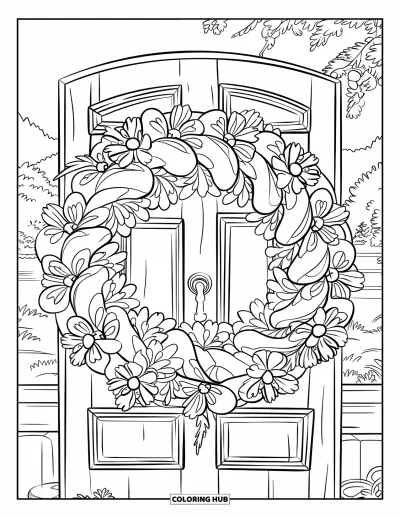 Spring Flowers Coloring Page for Kids: A cherry blossom wreath with a bow hangs on a door near mountains