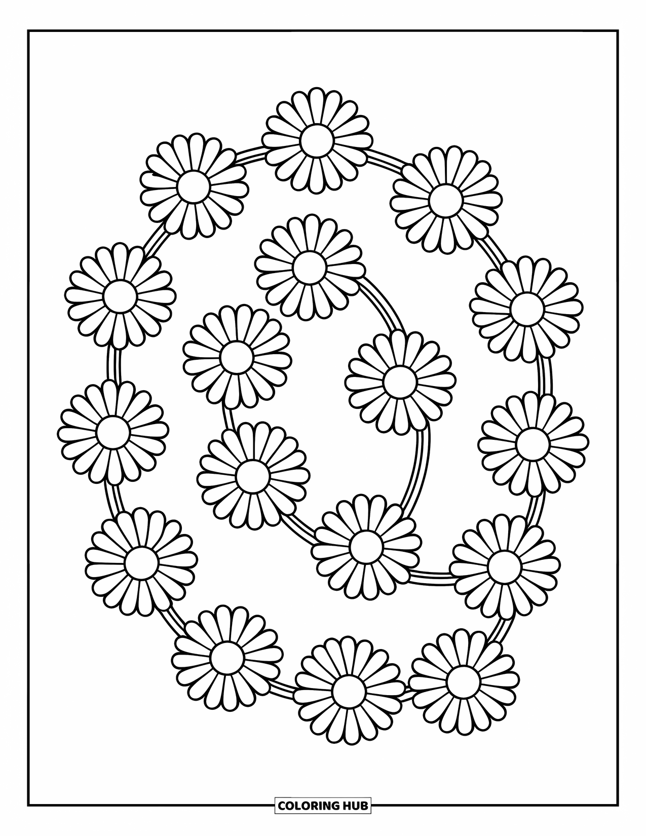 Spring Flowers Coloring Page for Kids: A dozen daisies connect in a circular chain with clear, bold lines