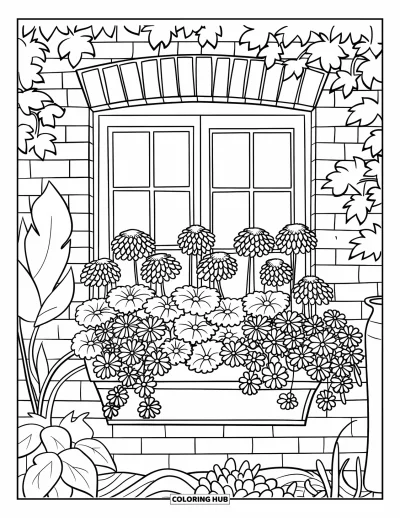 Spring Flowers Coloring Page for Kids: A leafy plant rests beside a window box filled with geraniums and mums