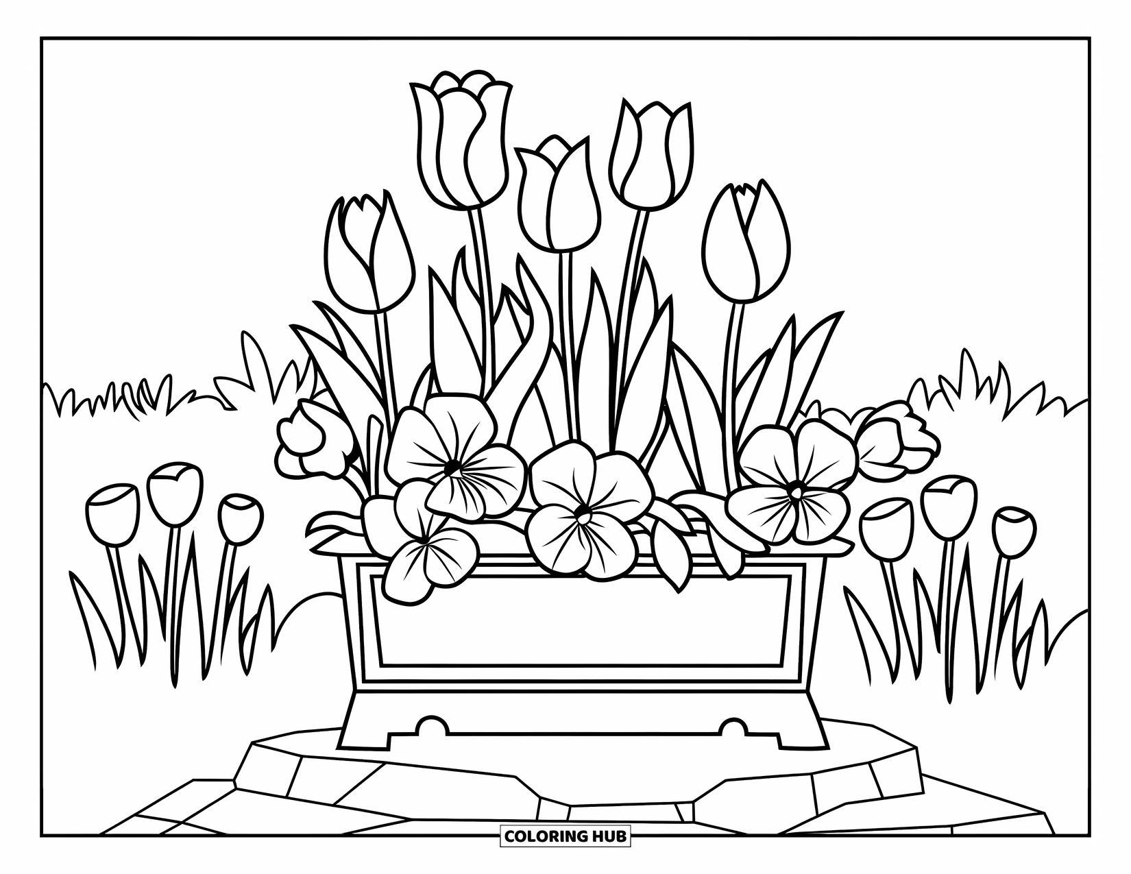 Spring Flowers Coloring Page for Kids: A rocky platform holds a flower-filled planter with more blooms in the back