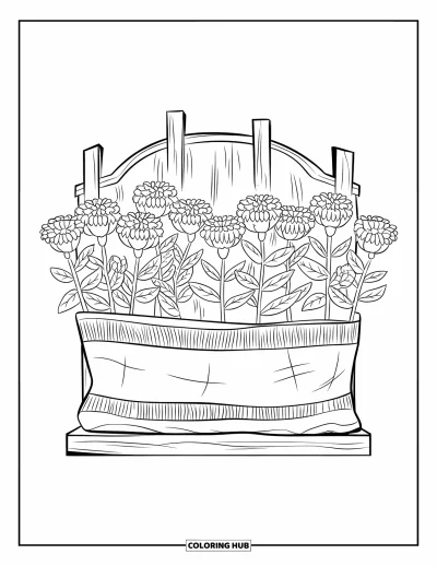 Spring Flowers Coloring Page for Kids: A rustic flower pouch holds marigolds above a clean white background