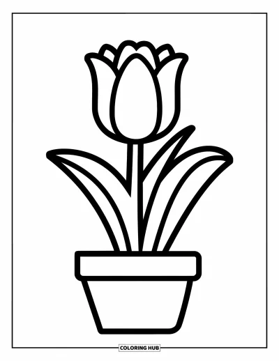 Spring Flowers Coloring Page for Kids: A single tulip blooms playfully in a pot with easy-to-color lines