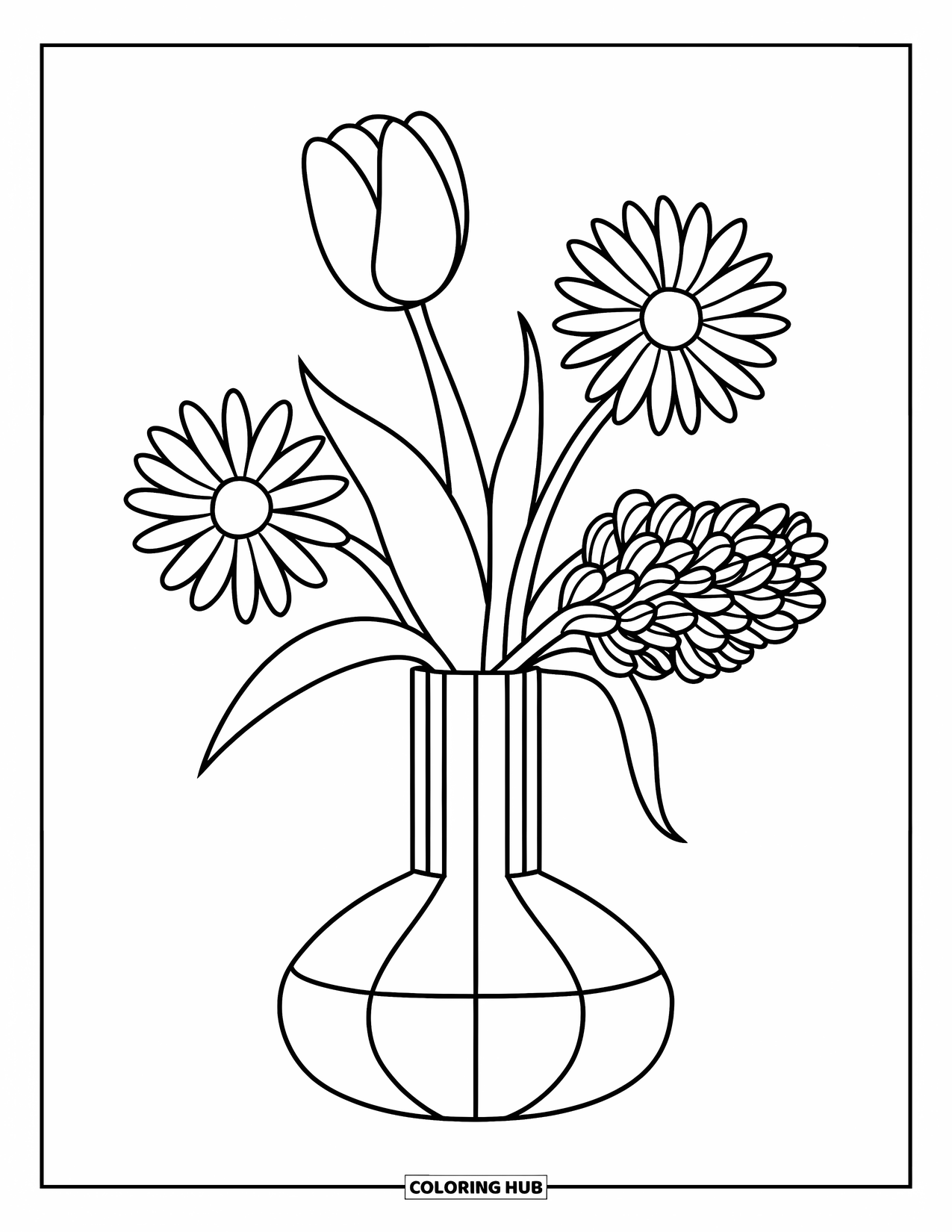 Spring Flowers Coloring Page for Kids: A slender vase holds a tulip, daisy, and hyacinth on a plain background