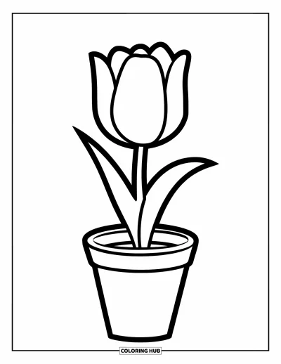 Spring Flowers Coloring Page for Kids: A tulip with bold petals stands in a pot with a small hole below