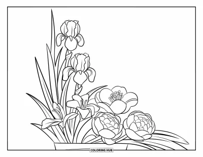 Spring Flowers Coloring Page for Kids: A vase holds iris, lily, and peony flowers with clean, bold outlines