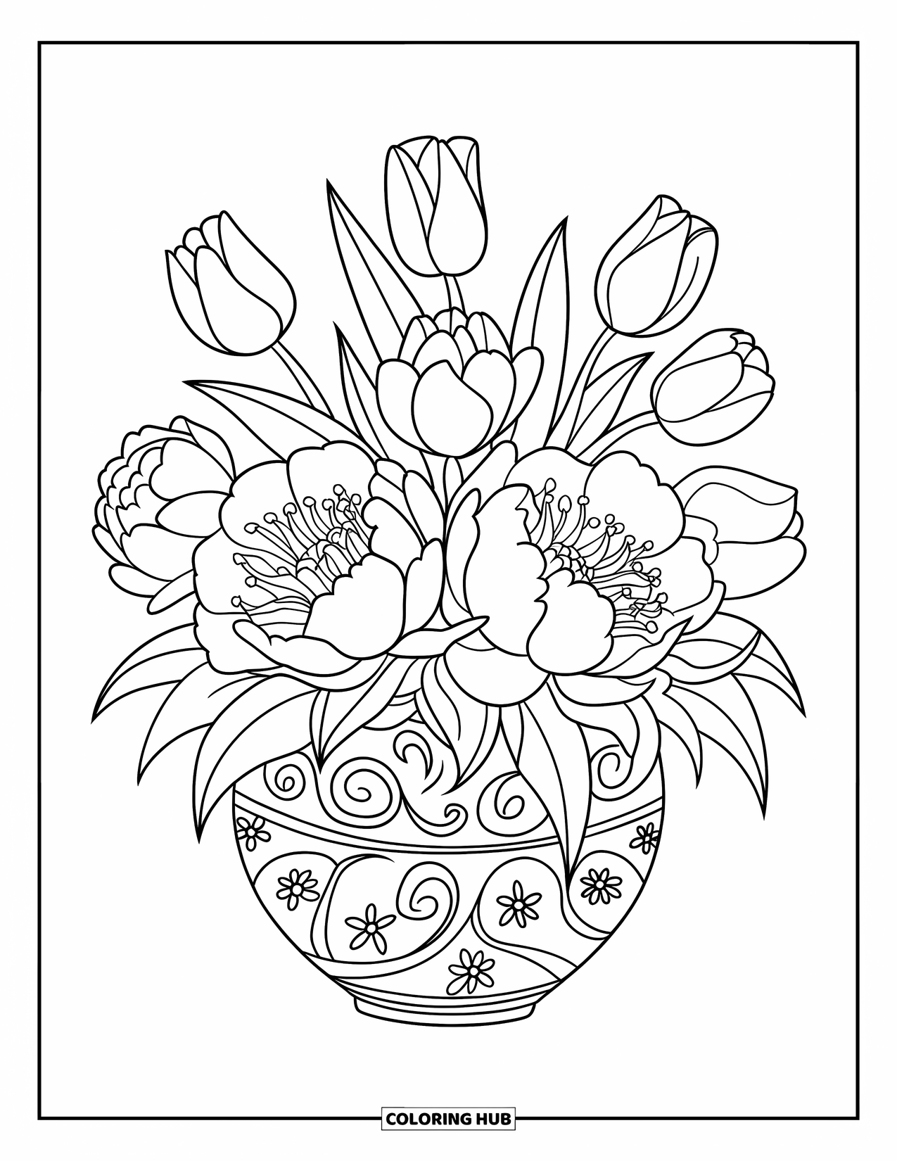 Spring Flowers Coloring Page for Kids: A vase with swirls holds peonies and tulips on a white background