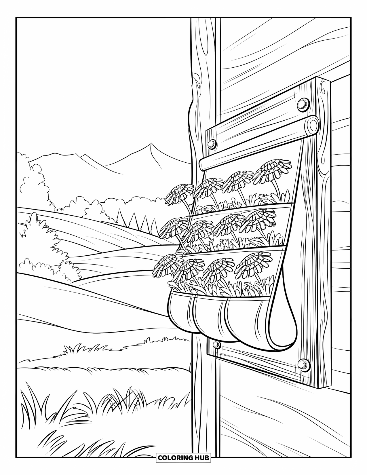 Spring Flowers Coloring Page for Kids: A wooden board supports a pouch of marigolds beside distant hills and trees