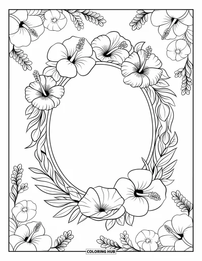 Spring Flowers Coloring Page for Kids: An oval floral frame made of hibiscus and poppies surrounds a soft white space