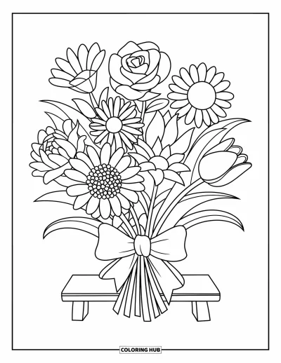 Spring Flowers Coloring Page for Kids: Five different flowers are tied with a bow in a simple bouquet