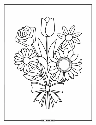 Spring Flowers Coloring Page for Kids: Five flowers, each unique, are bundled with a bow for coloring fun
