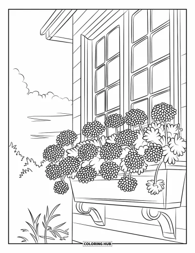 Spring Flowers Coloring Page for Kids: Geraniums and chrysanthemums bloom in a window box with clouds above