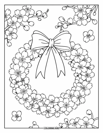 Spring Flowers Coloring Page for Kids: Layered cherry blossoms form a wreath with scattered petals on white