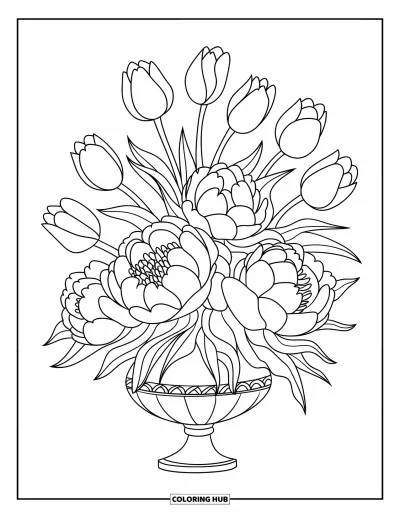 Spring Flowers Coloring Page for Kids: Peonies and tulips bloom in a flared vase with bold outlines
