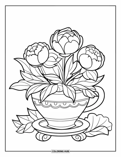 Spring Flowers Coloring Page for Kids: Peonies bloom in a teacup-shaped pot sitting on a wooden stand