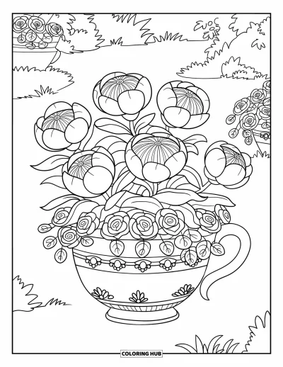 Spring Flowers Coloring Page for Kids: Peonies in a rose-adorned teacup sit in a garden filled with greenery