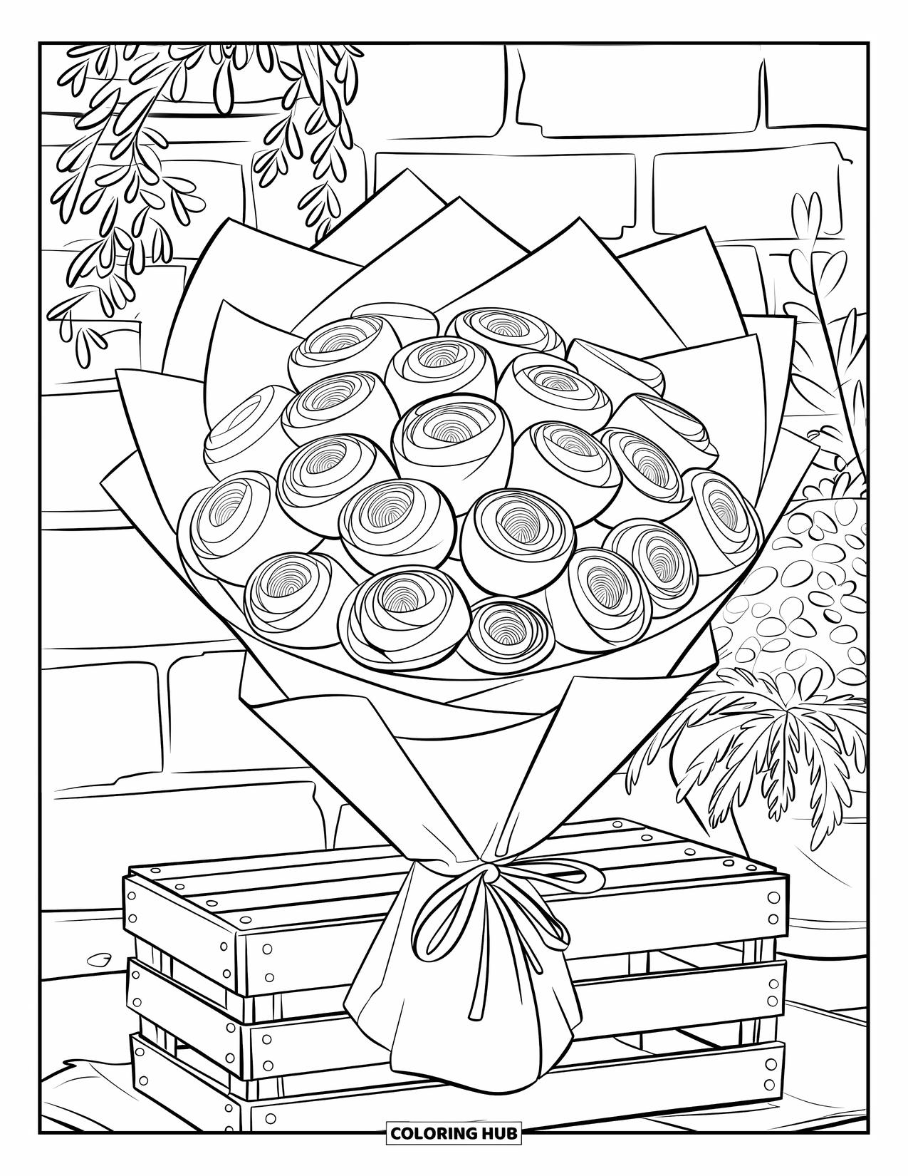 Spring Flowers Coloring Page for Kids: Ranunculus blooms rest on a crate near a rustic brick wall and plants
