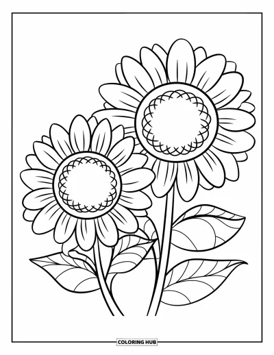 Spring Flowers Coloring Page for Kids: Smiling sunflowers with round centers brighten a simple scene