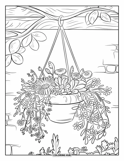 Spring Flowers Coloring Page for Kids: Spring flowers pour from a pot hanging on a branch near a cracked wall