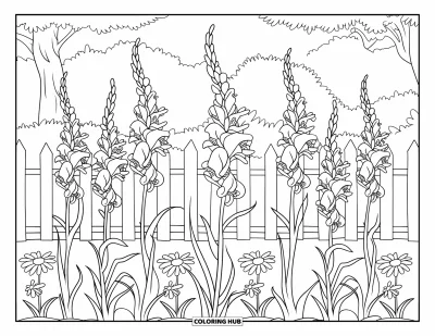 Spring Flowers Coloring Page for Kids: Tall gladiolus and daisies bloom in a flower bed behind a white picket fence