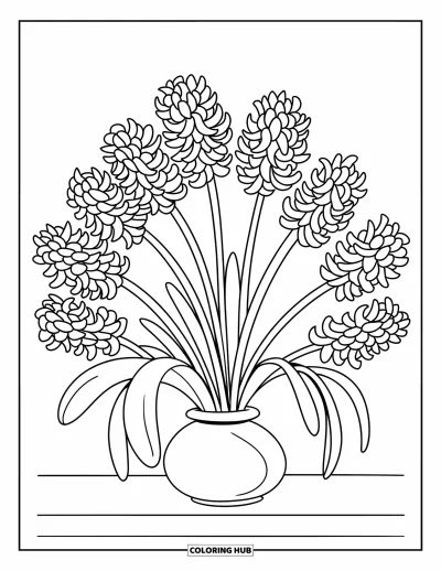 Spring Flowers Coloring Page for Kids: Tall hyacinths bloom in a fan-shaped arrangement in a simple vase