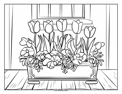 Spring Flowers Coloring Page for Kids: Tulips, pansies, and lilies bloom in a box planter by a window wall