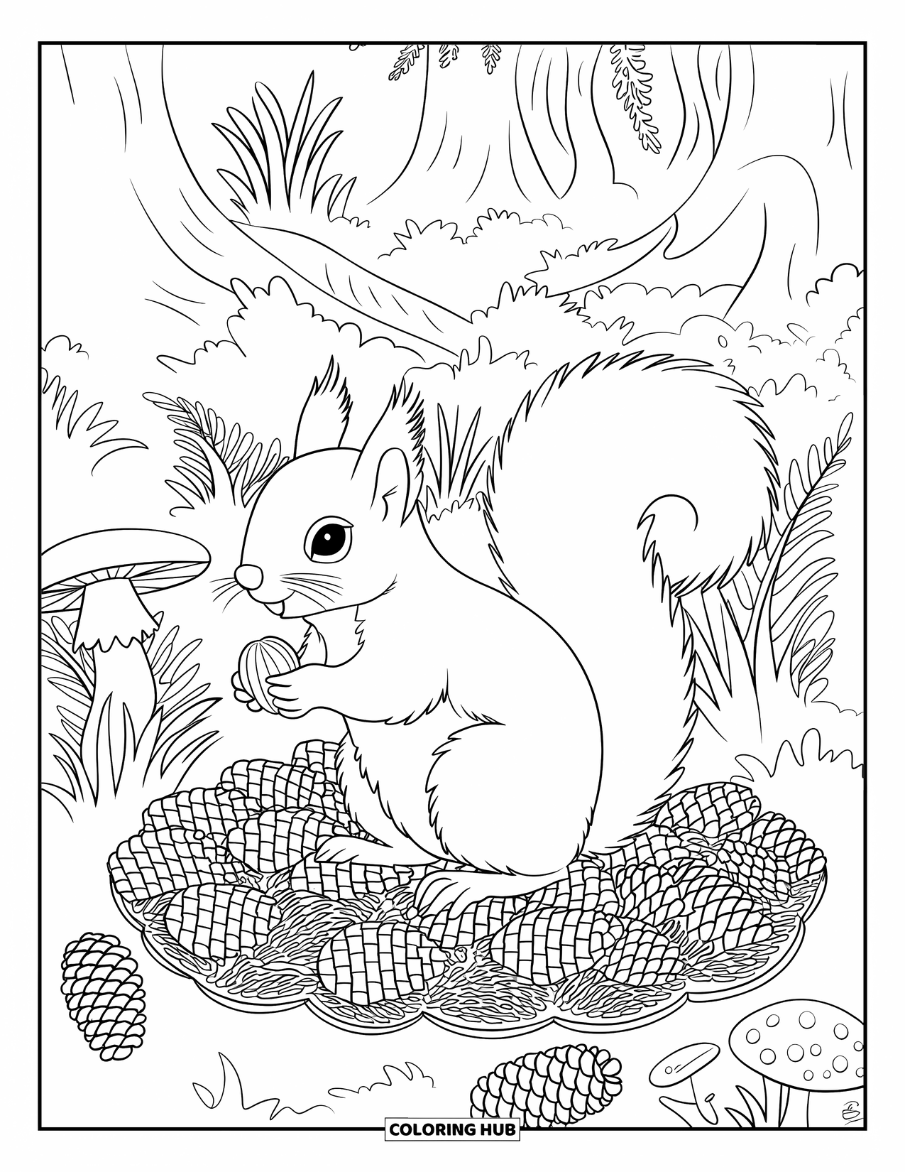 Squirrel Coloring Page for Adults: A bushy-tailed squirrel stands among pinecones, mushrooms, and mossy forest trees