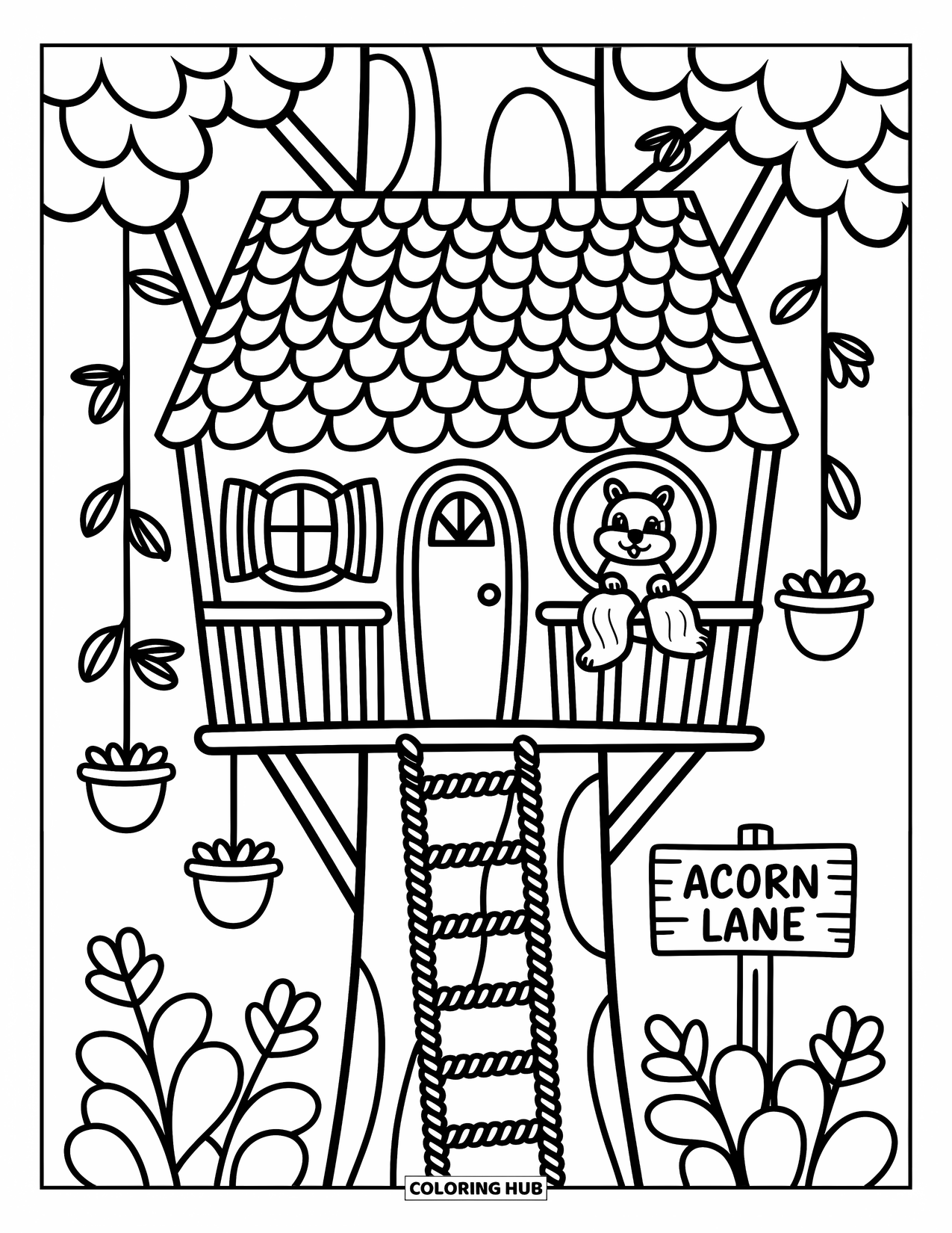 Squirrel Coloring Page for Adults: A cheerful squirrel waves from a tall treehouse labeled ìAcorn Laneî with plants all around