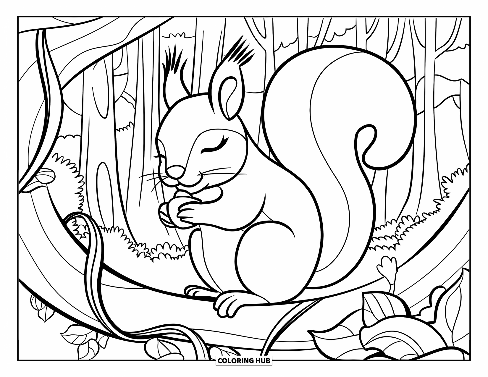 Squirrel Coloring Page for Adults: A content squirrel holds a nut while perched in a forest of vines and floral designs