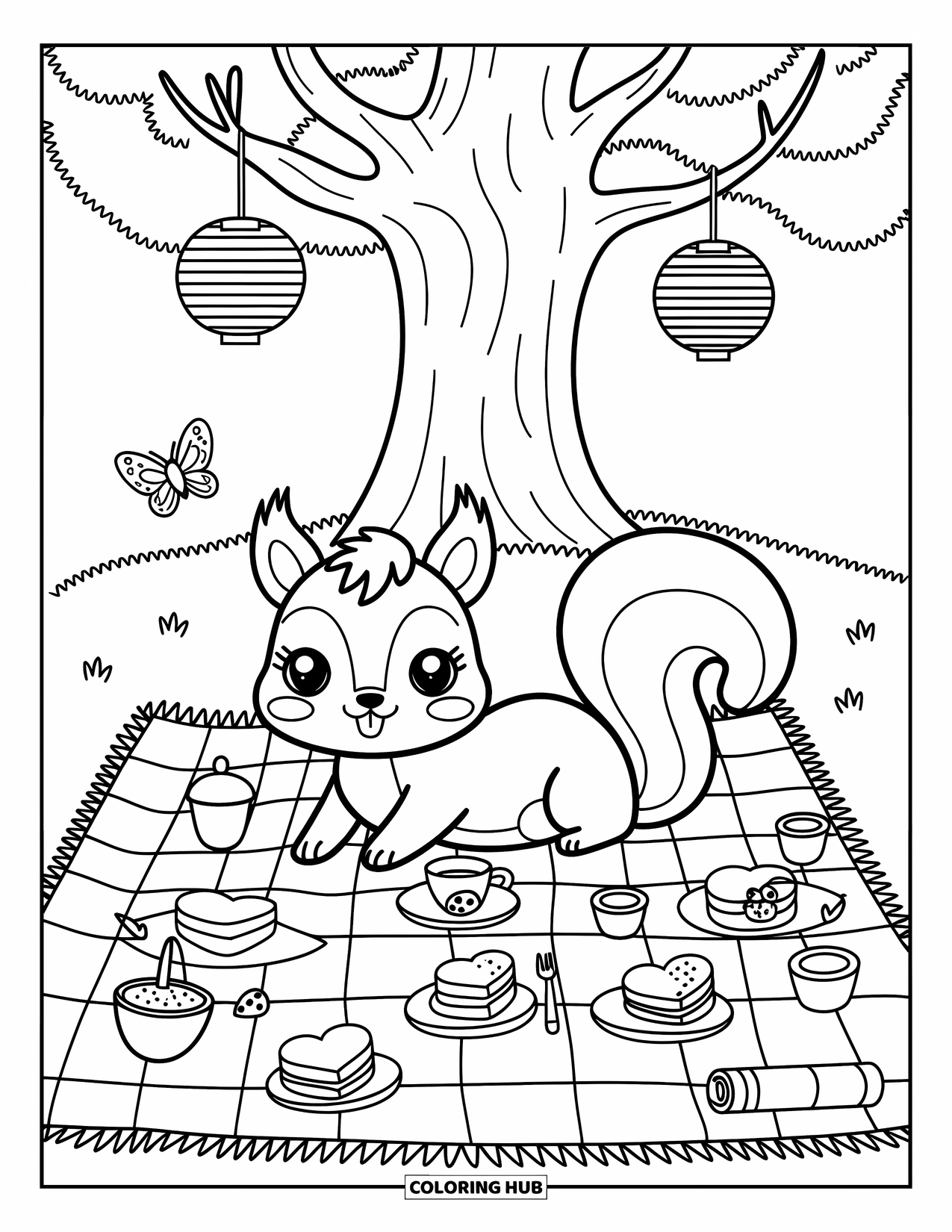 Squirrel Coloring Page for Adults: A cute squirrel lounges under an oak tree with treats, lanterns, and playful picnic details