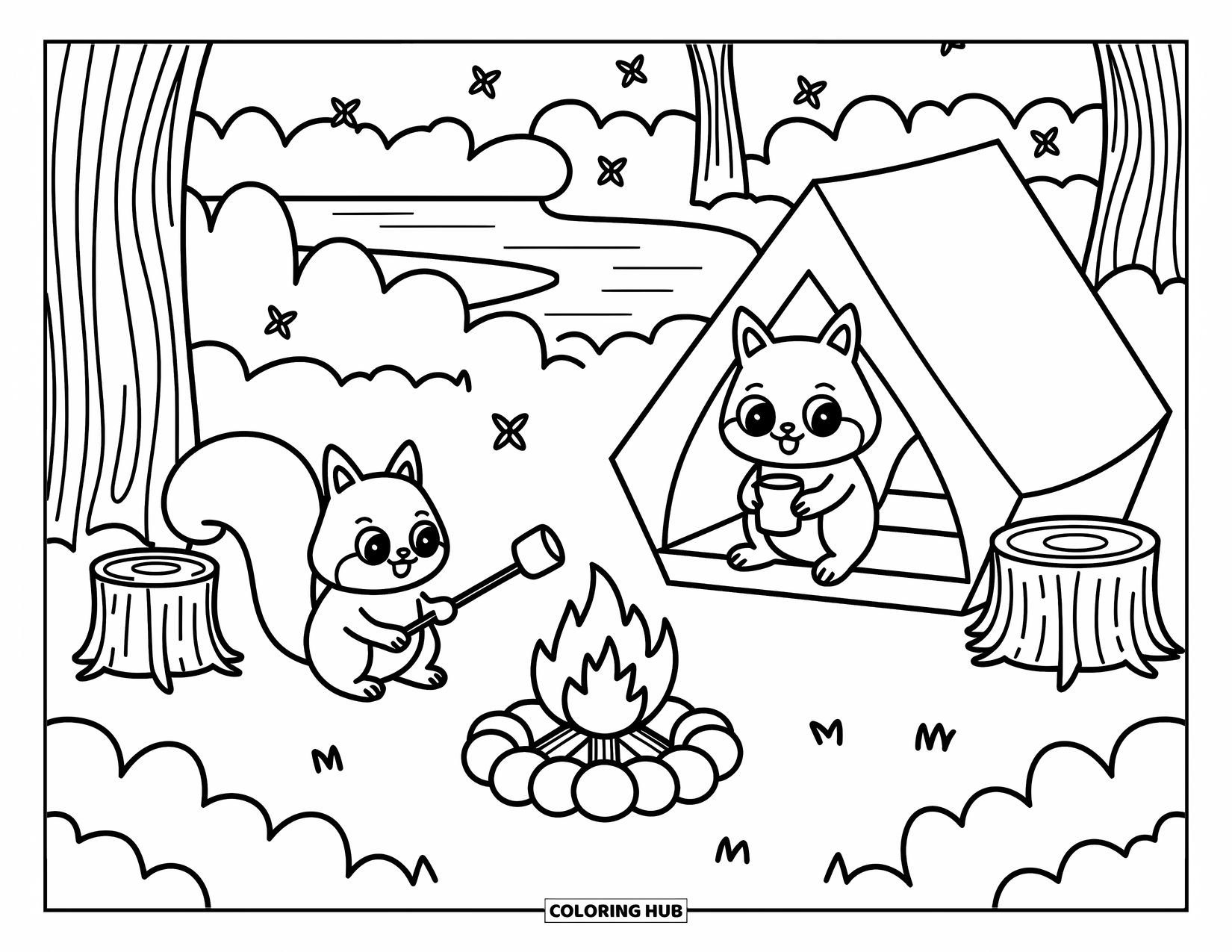 Squirrel Coloring Page for Adults: A squirrel cooks by a fire near a tent while another peeks out with a mug