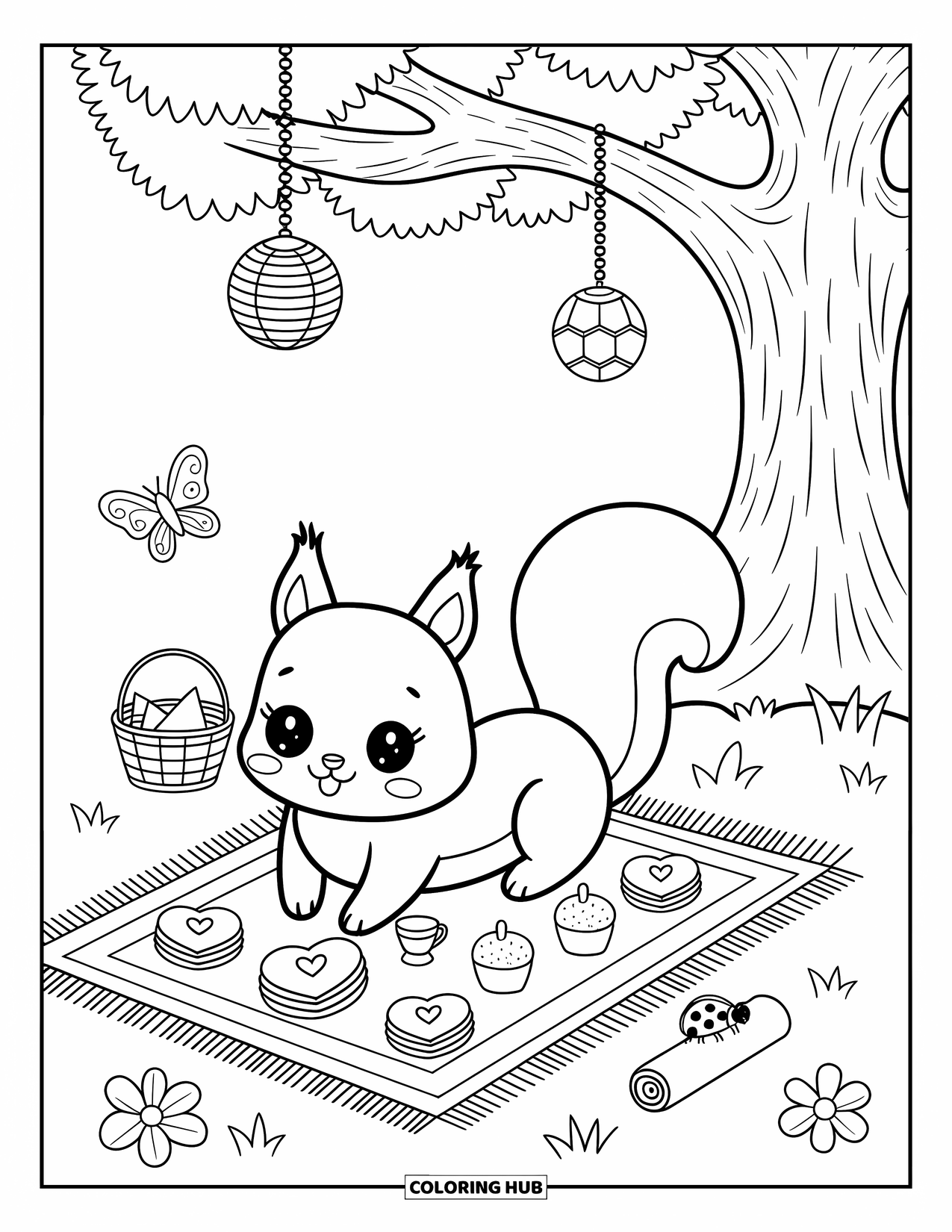 Squirrel Coloring Page for Adults: A squirrel enjoys a picnic with cute snacks, a butterfly, and lanterns above