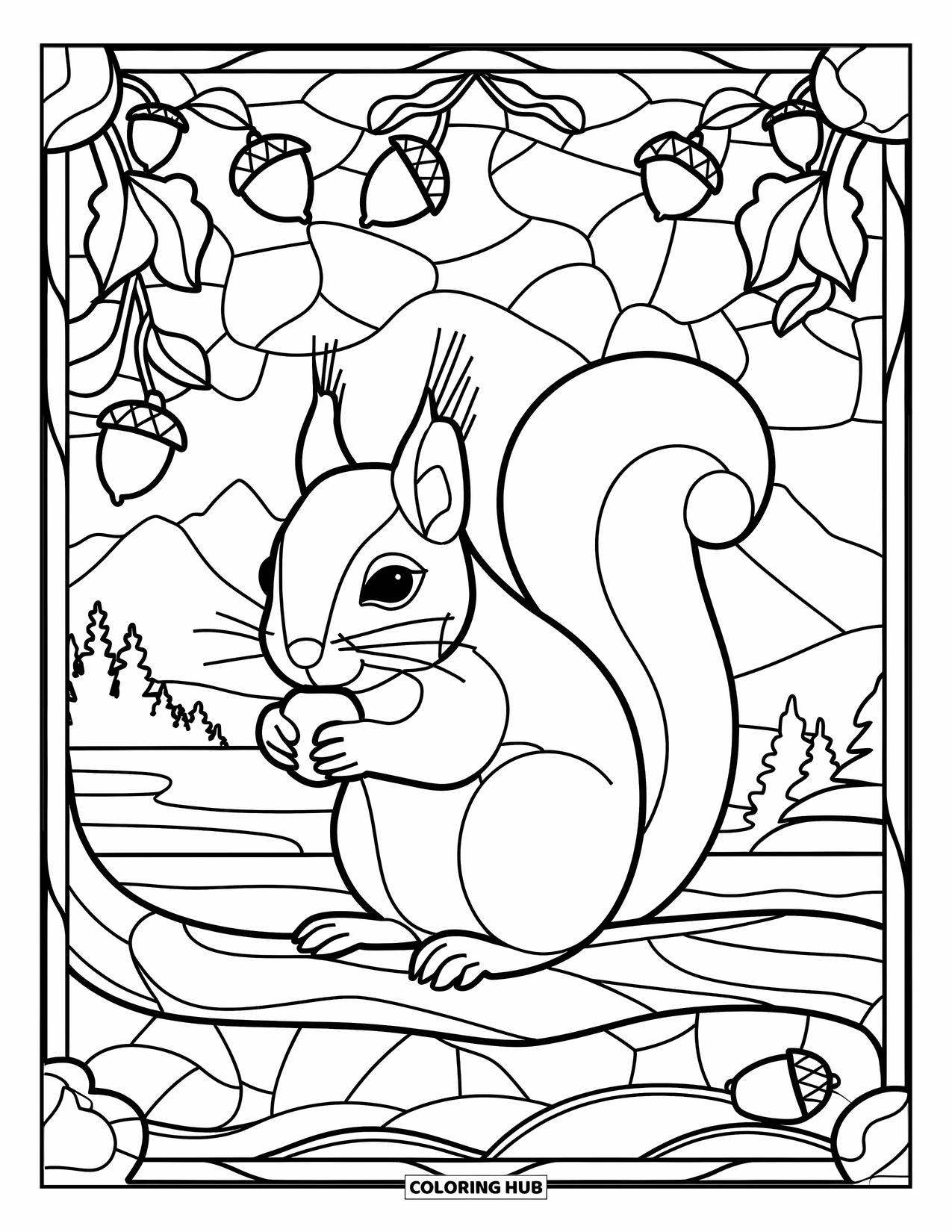 Squirrel Coloring Page for Adults: A squirrel framed in stained-glass trees holds a nut near water, mountains, and trees