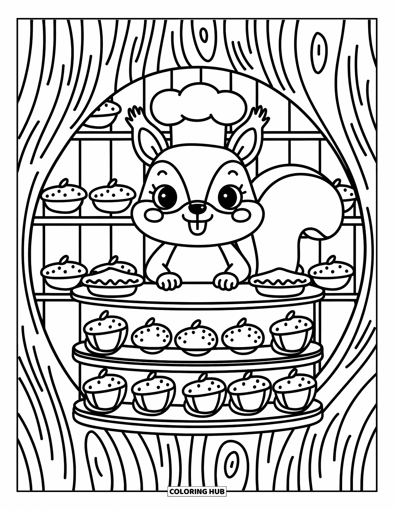 Squirrel Coloring Page for Adults: A squirrel in a chefís hat serves pies and pastries from a cozy woodland bakery