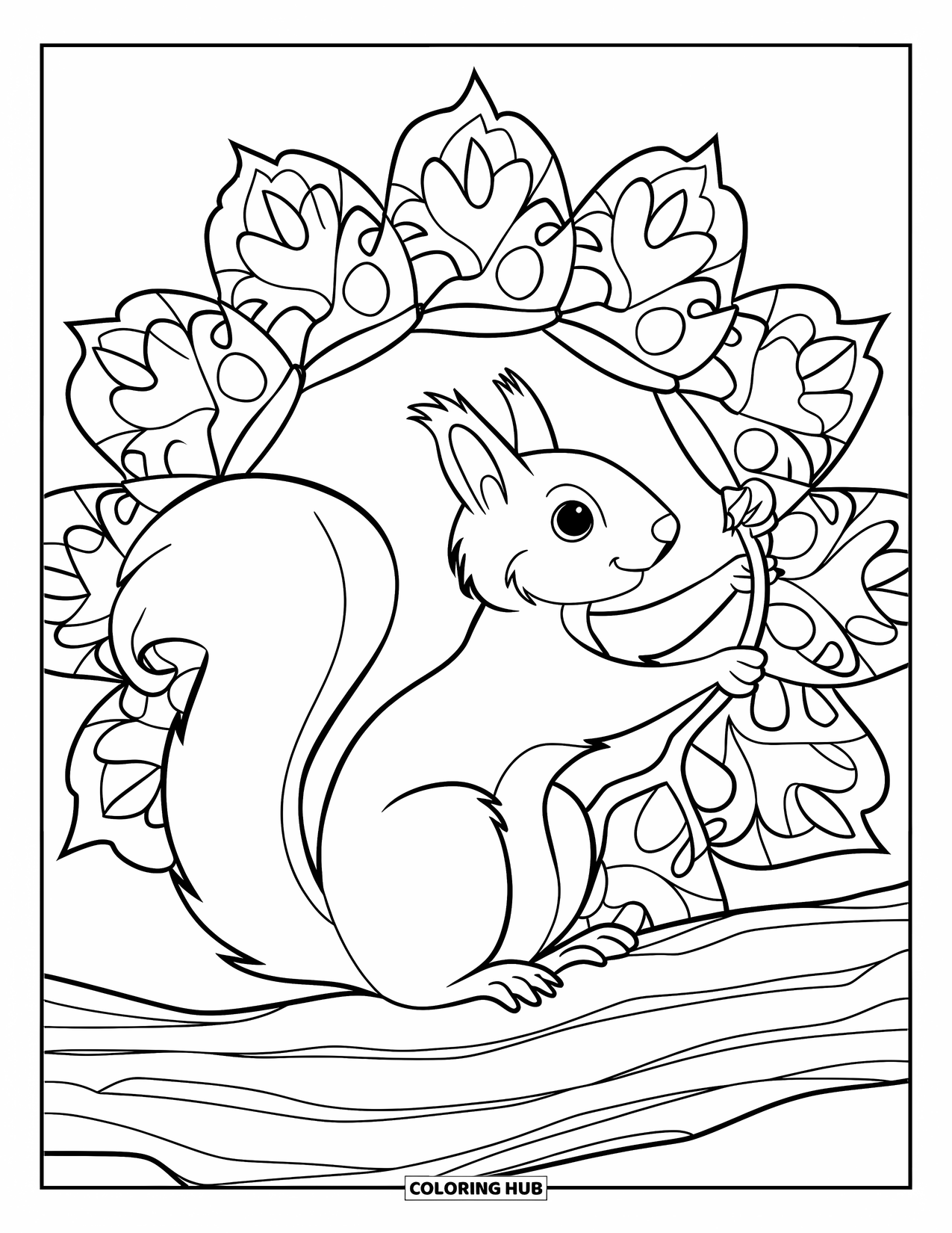 Squirrel Coloring Page for Adults: A squirrel reaches for a branch inside a mandala of oak leaves and swirling patterns