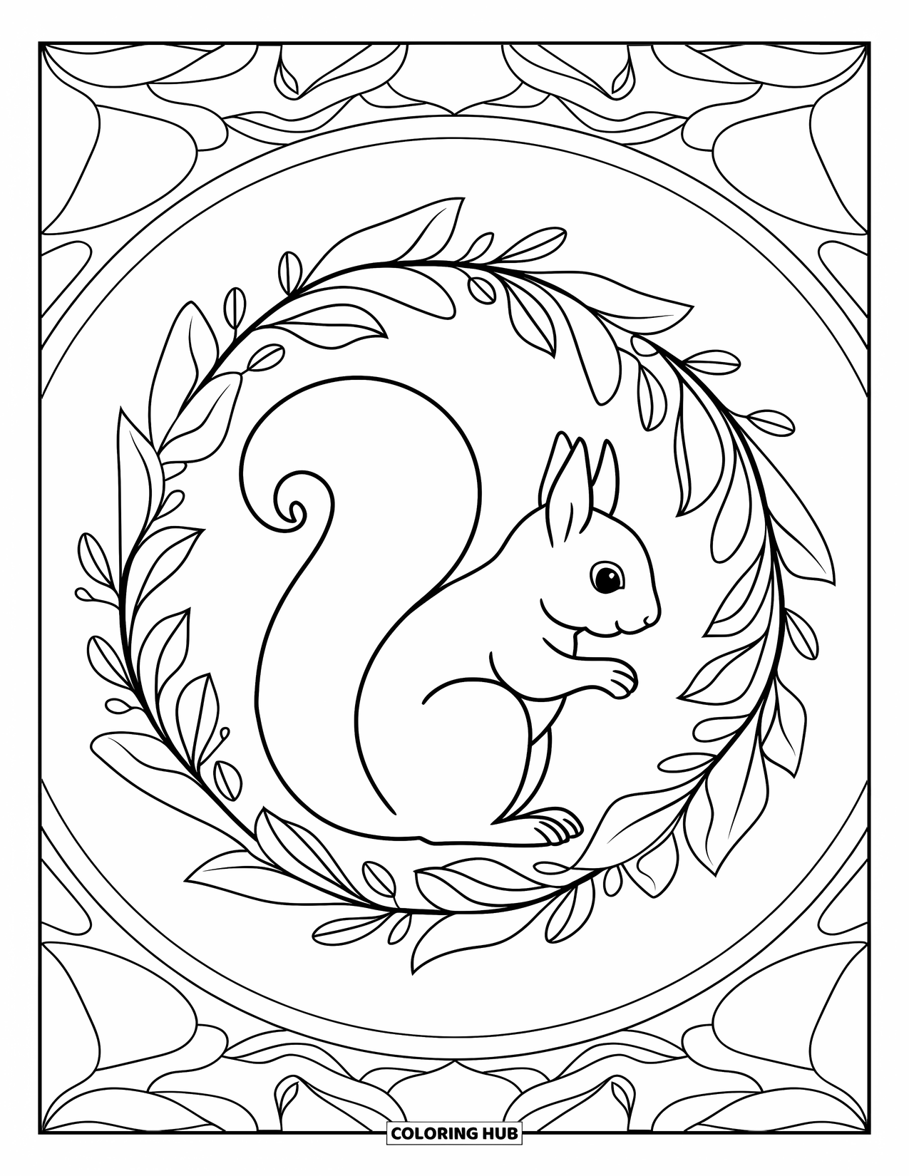 Squirrel Coloring Page for Adults: A squirrel rests inside a wreath of swirling leaves and petals with a decorative border