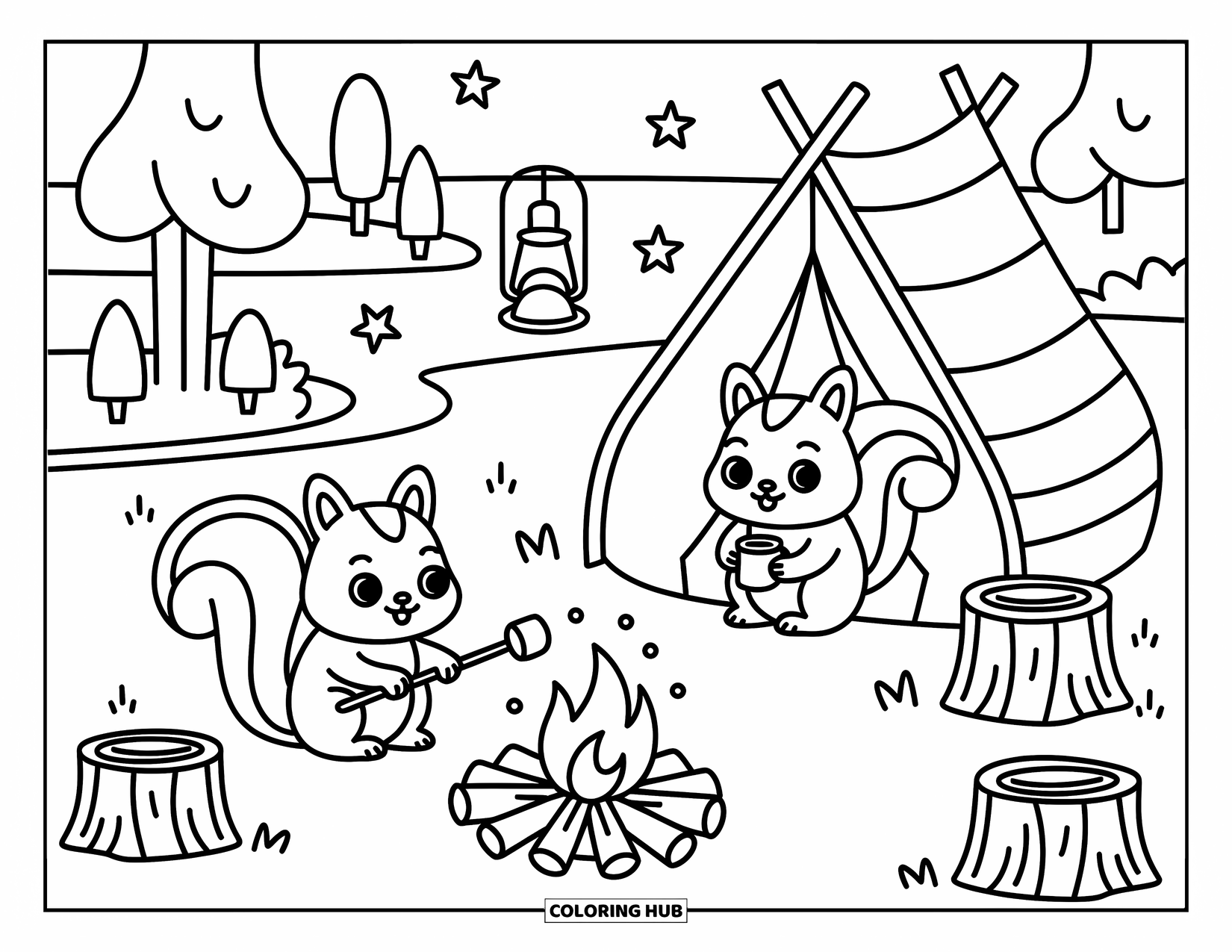 Squirrel Coloring Page for Adults: A squirrel warms a marshmallow near a tent as fireflies dance and friends peek from inside