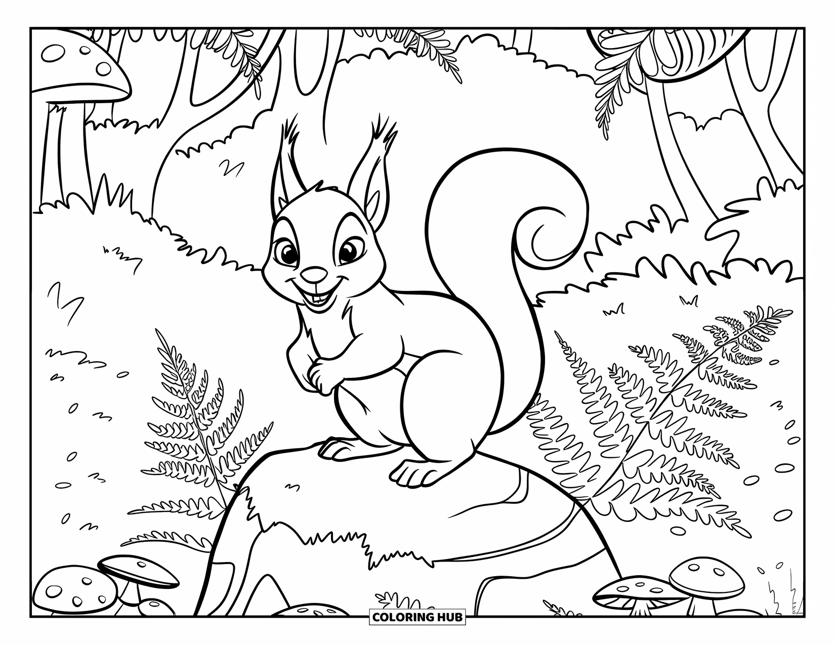 Squirrel Coloring Page for Kids: A bright-eyed squirrel curls its tail around itself on a mossy rock in the woods