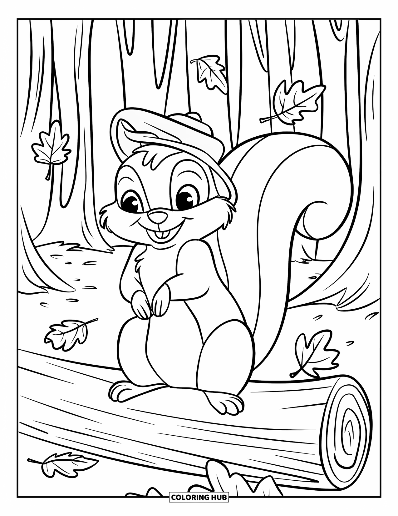Squirrel Coloring Page for Kids: A cheerful squirrel in a hat relaxes on a log with leaves drifting down