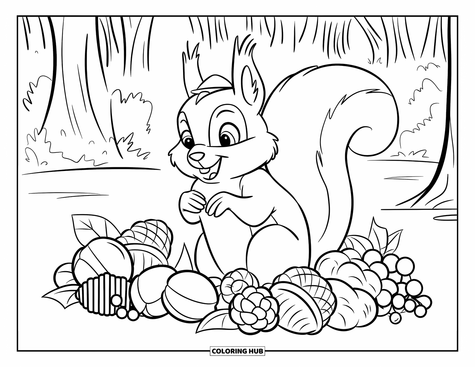 Squirrel Coloring Page for Kids: A happy squirrel in a hat relaxes among berries, nuts, and pinecones