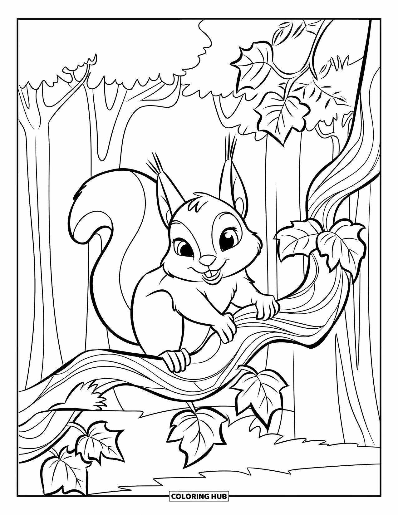 Squirrel Coloring Page for Kids: A squirrel clings to a twisting ivy branch while gazing out into a quiet forest