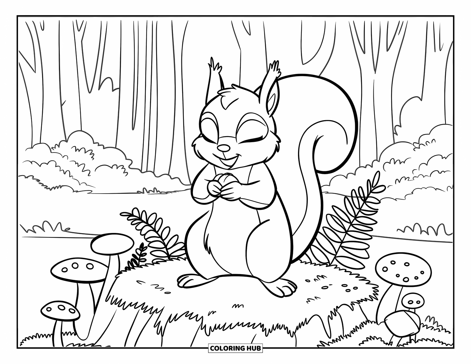 Squirrel Coloring Page for Kids: A squirrel holding a nut stands peacefully on a mossy rock surrounded by forest plants