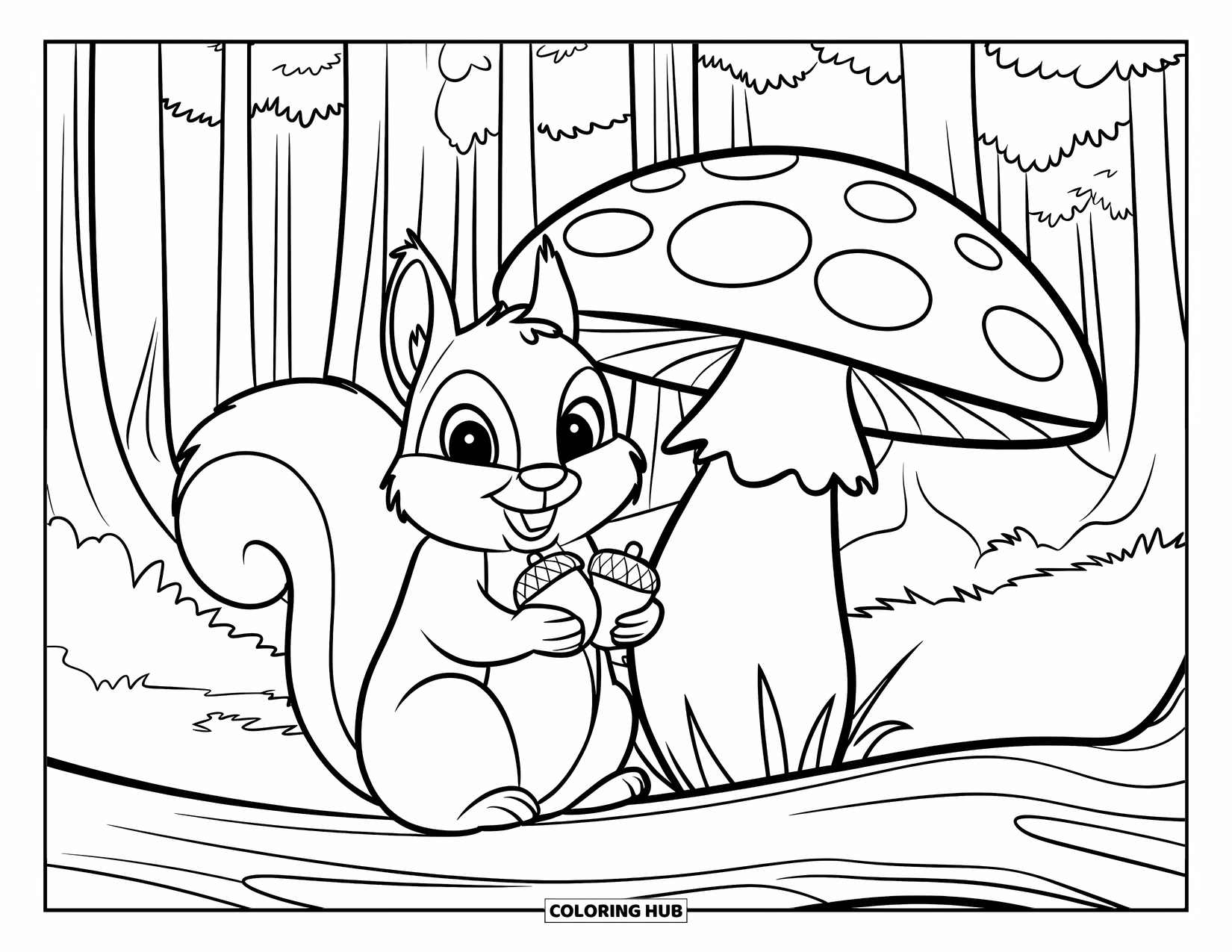 Squirrel Coloring Page for Kids: A squirrel holding two acorns sits beside a giant mushroom in a forest