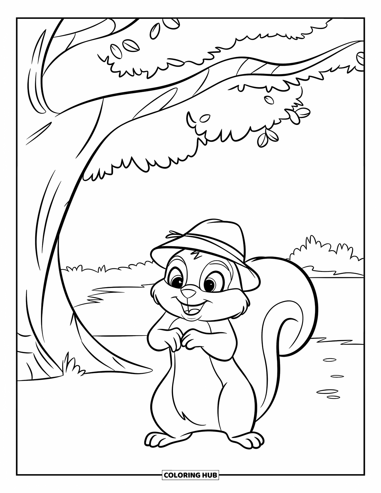 Squirrel Coloring Page for Kids: A squirrel in a tiny hat stands under a big tree in an open field